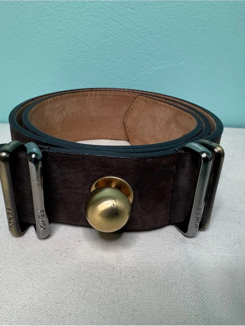 Fendi Dark Brown Suede Belt with Brass Knob and Silver Hardware